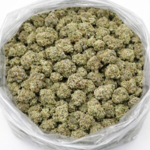 Tom Ford cannabis flower buds in an open bag, showing small dense nugs with light green tones and frosty trichome coverage