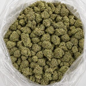 close-up image of cannabis buds spilling out of a clear ZIP-ZAG plastic bag onto a white surface, showing dense green nugs with visible trichomes and orange hairs.