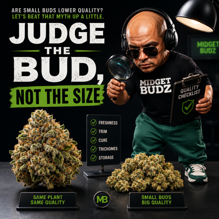 Cannabis infographic comparing large buds and small buds with the headline “Judge the Bud, Not the Size,” featuring a quality checklist, magnifying glass inspection theme, and messaging about small buds offering the same plant quality including freshness, trim, cure, trichomes, and storage.