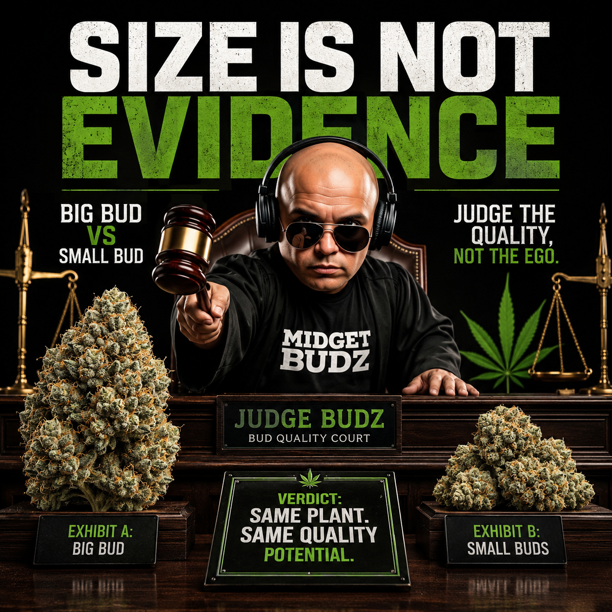 Cannabis comparison graphic featuring a courtroom theme with the headline “Size Is Not Evidence,” showing large buds versus small buds beside a judge character, emphasizing that bud quality depends on freshness, cure, and potency rather than bud size alone.
