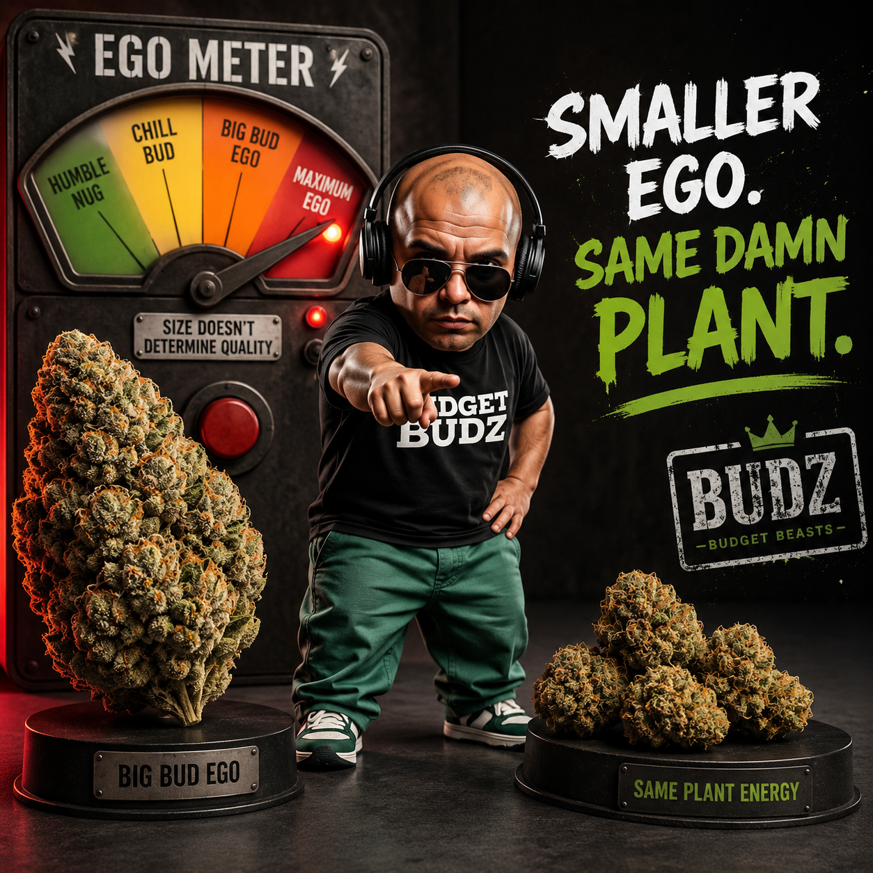 Cannabis marketing graphic featuring an “Ego Meter” comparing large buds and small buds, with the slogan “Smaller Ego. Same Damn Plant,” highlighting that small cannabis buds can offer the same quality, potency, and plant characteristics as larger buds.