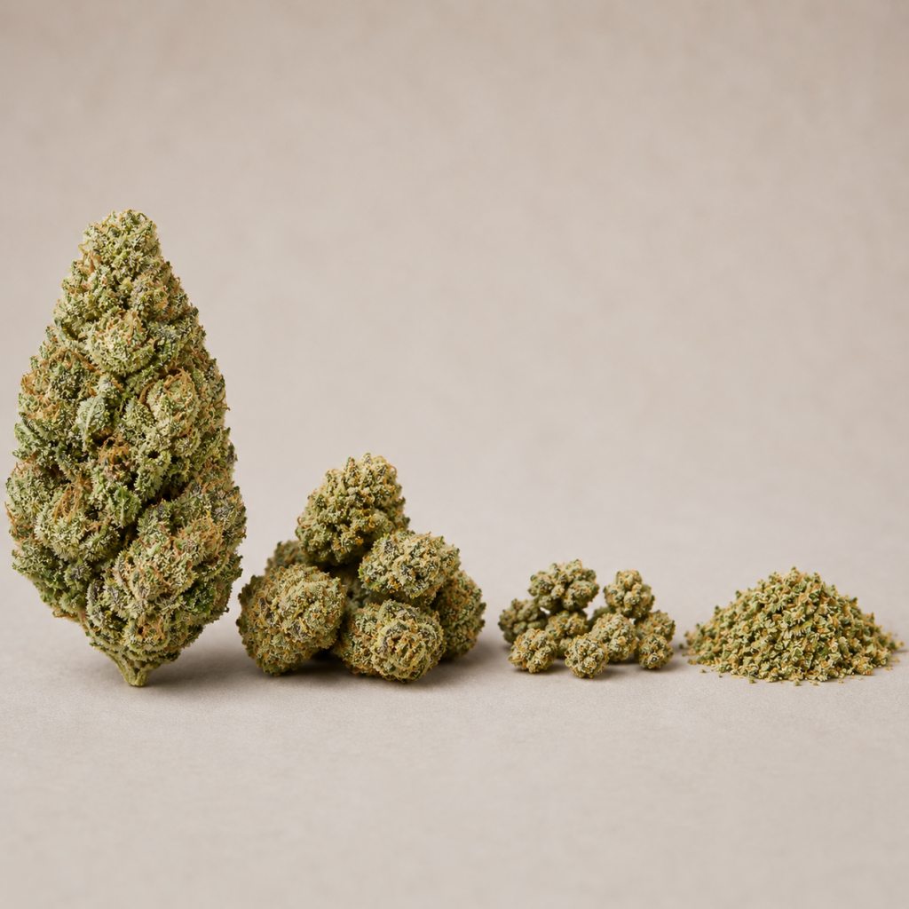 Premium cannabis flower lineup featuring one large bud, medium buds, popcorn buds, and finely ground cannabis arranged by size on a neutral background.