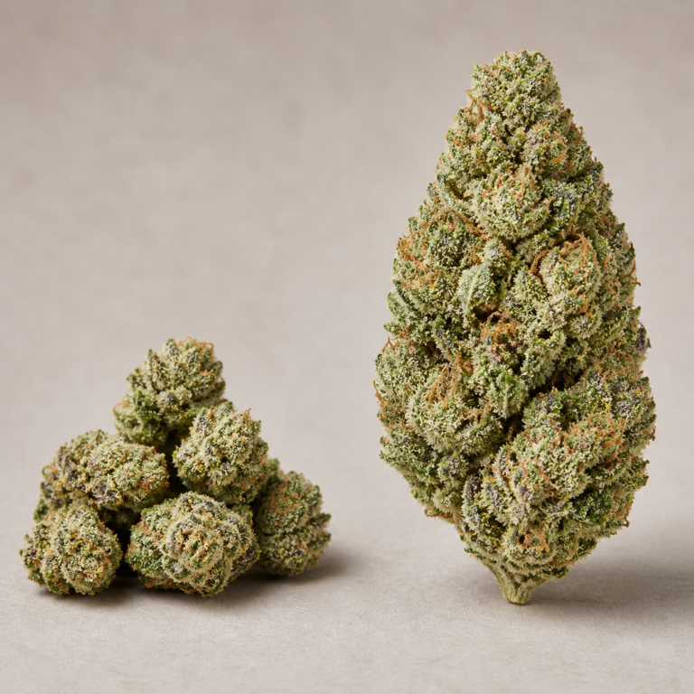 Premium cannabis flower lineup featuring one large bud, medium buds, popcorn buds, and finely ground cannabis arranged by size on a neutral background.
