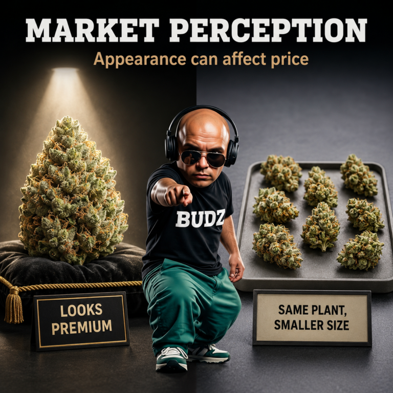 Illustration showing a large cannabis bud beside smaller buds with the text "Market Perception: Appearance Can Affect Price," highlighting how small buds often cost less despite coming from the same plant.
